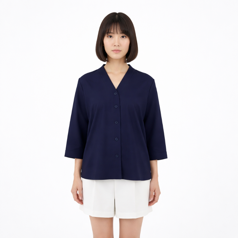 Blouse Wanita V-Neck Lengan Basic Navy