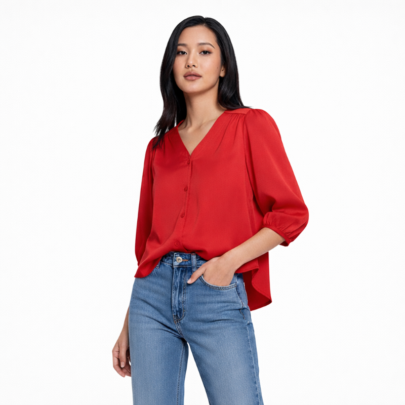 Blouse Wanita V-Neck Lengan Balon Maroon