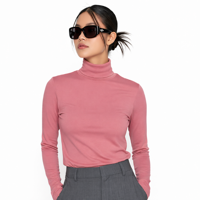 Mockneck Basic Polos Wanita Pink Lengan Panjang