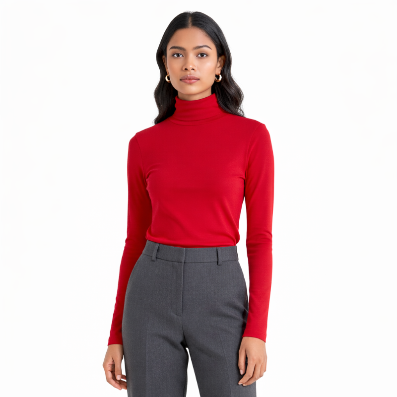 Mockneck Basic Wanita Merah Cabai Lengan Panjang
