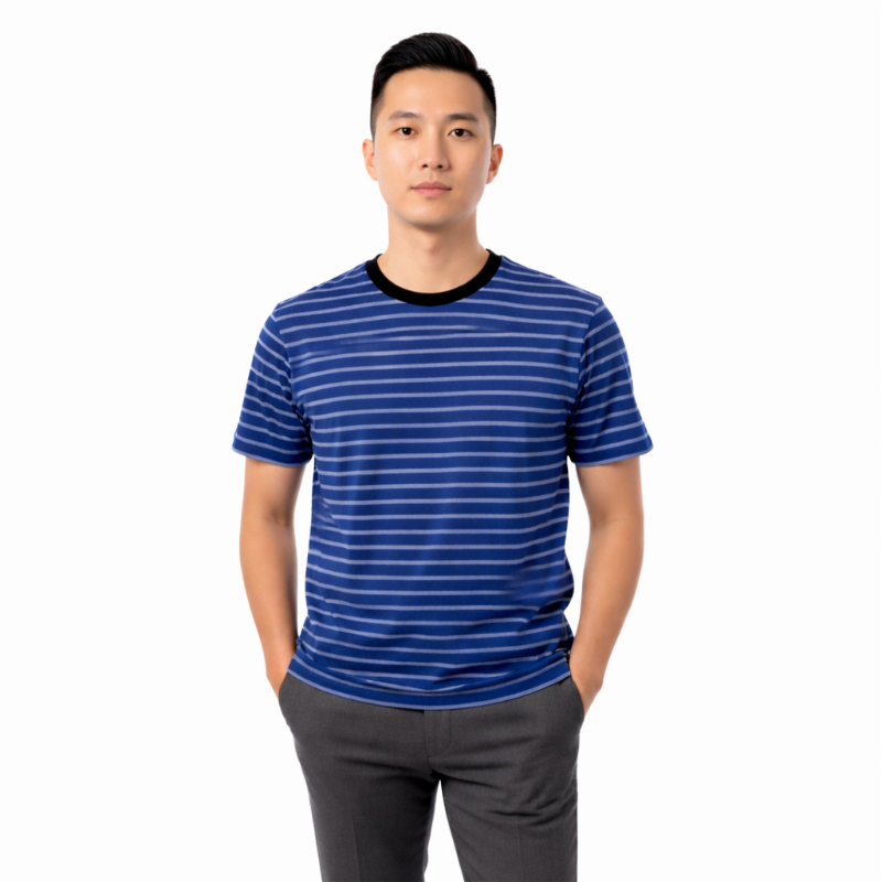 Kaos Pria Salur Biru Lengan Pendek Casual