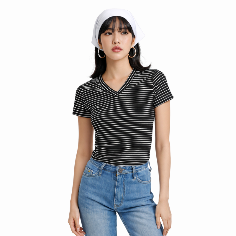 Kaos Wanita Motif Salur Kecil V-Neck