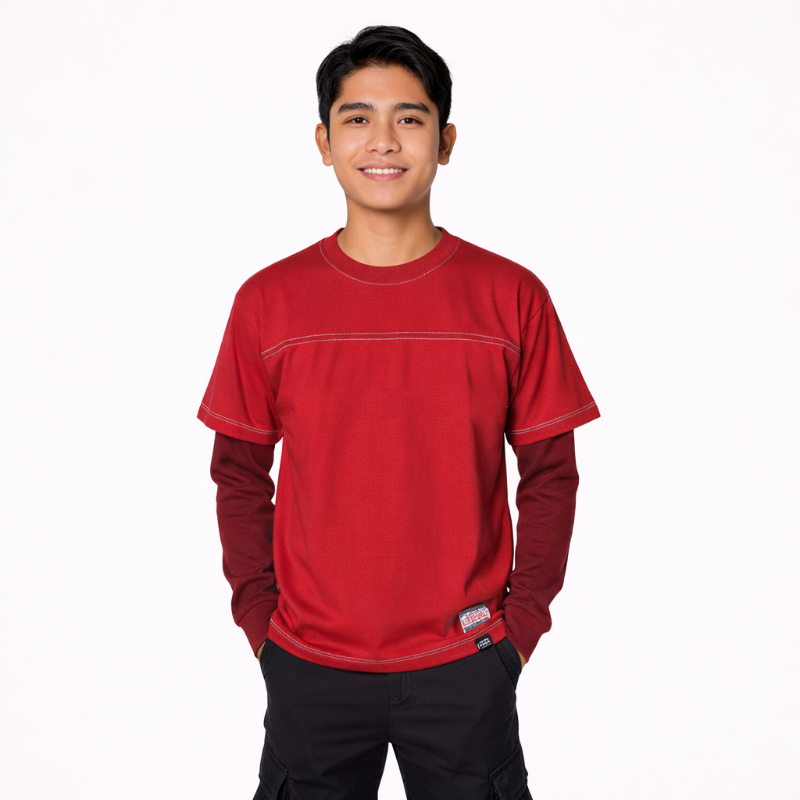 Kaos Pria Longsleeve Waffle Merah - Maroon