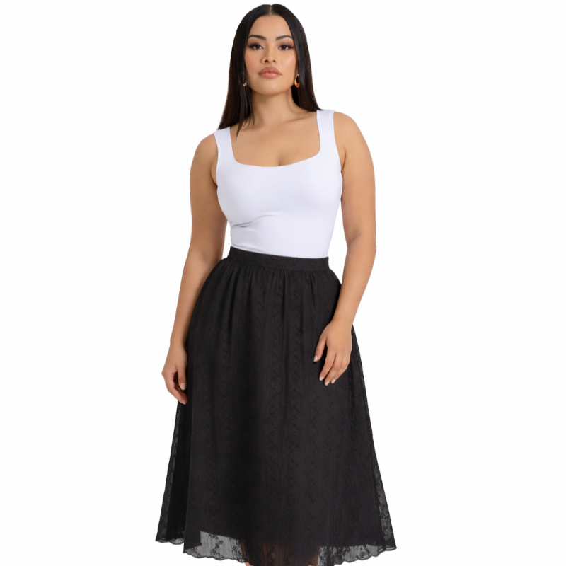 Rok Midi Wanita Lace Hitam Elegan
