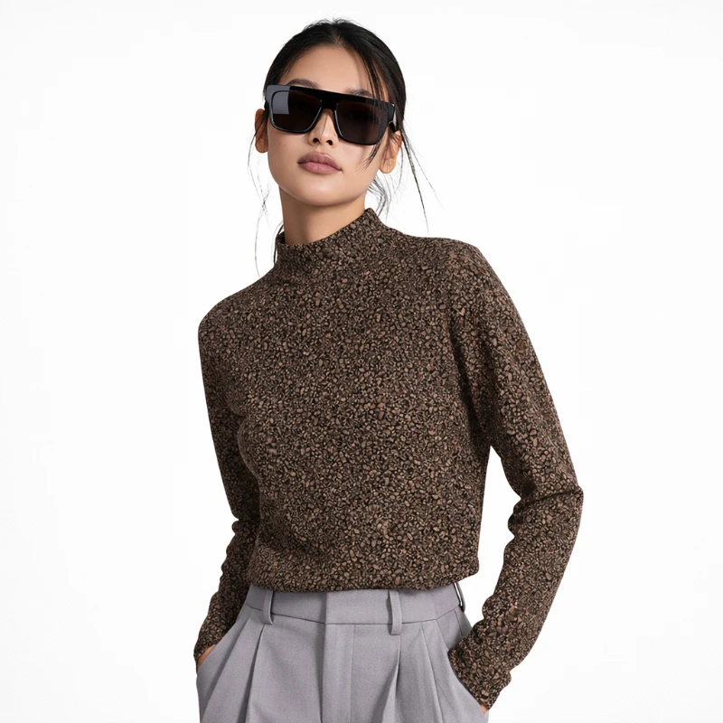 Atasan Mockneck Wanita Jumbo Motif Batik Coklat Lengan Panjang