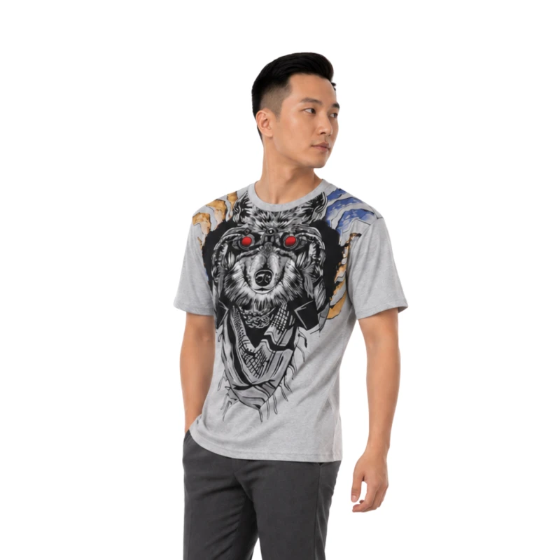 T-Shirt Pria Grey Grafis Animal Casual Street
