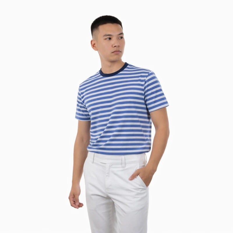 Kaos Pria Salur Biru Putih Casual Basic