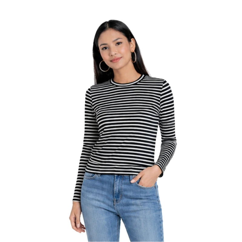 Atasan Wanita Lengan Panjang Salur Hitam Kecil Casual Basic