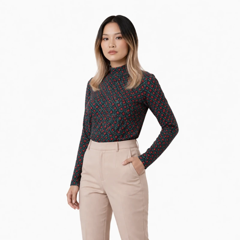 Mockneck Wanita Bunga Merah Elegant Look