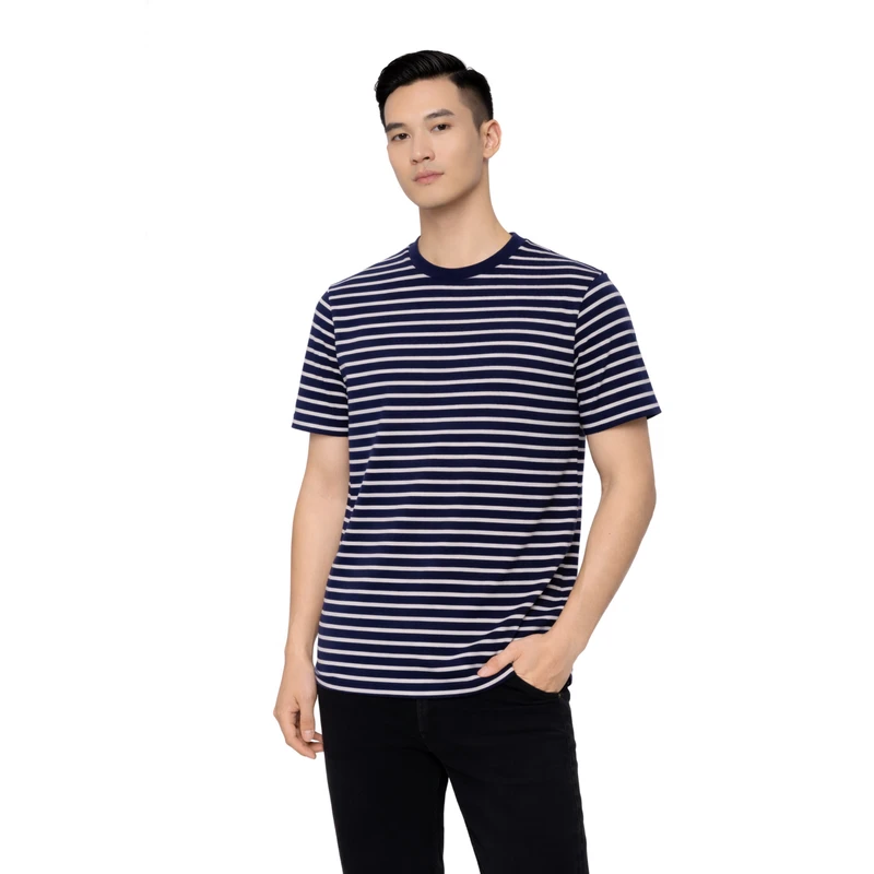 Kaos Pria Salur Navy Lengan Pendek Casual