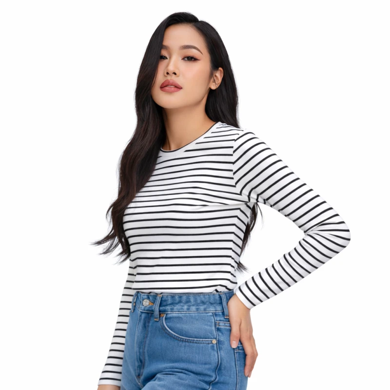 Atasan Wanita Lengan Panjang Salur Putih Besar Casual Basic
