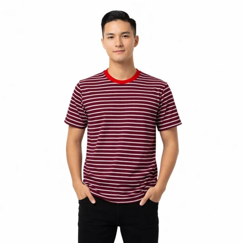 Kaos Pria Salur Maroon Lengan Pendek Casual