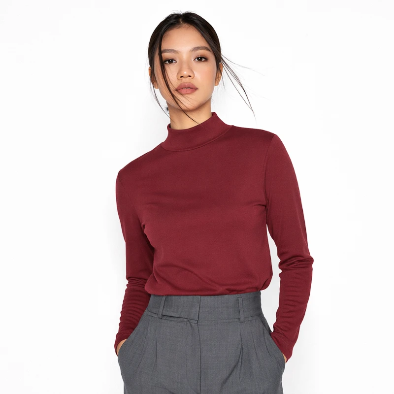 Mockneck Basic Polos Wanita Maroon Lengan Panjang