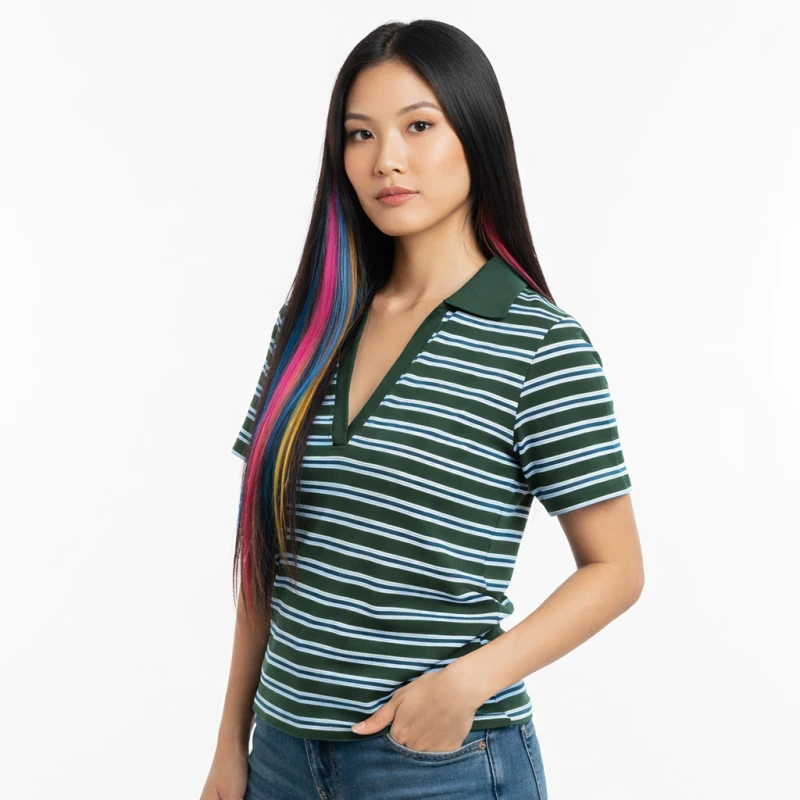 Polo Wanita V-Neck Hijau Salur
