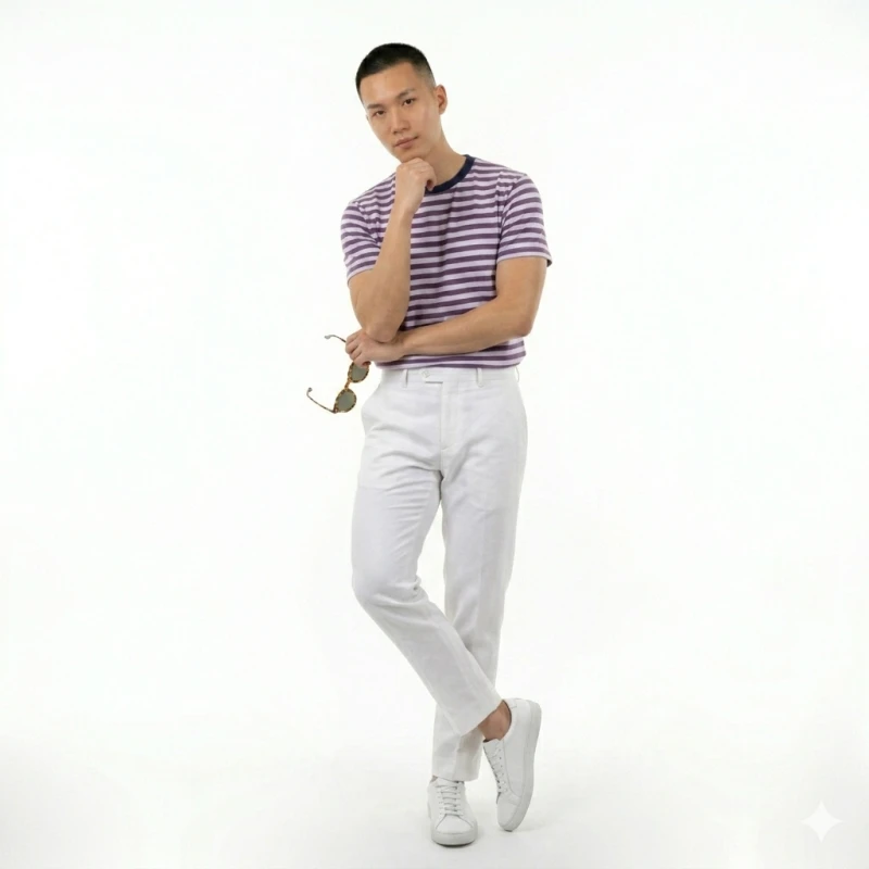 Kaos Pria Salur Putih Anggur Lengan Pendek