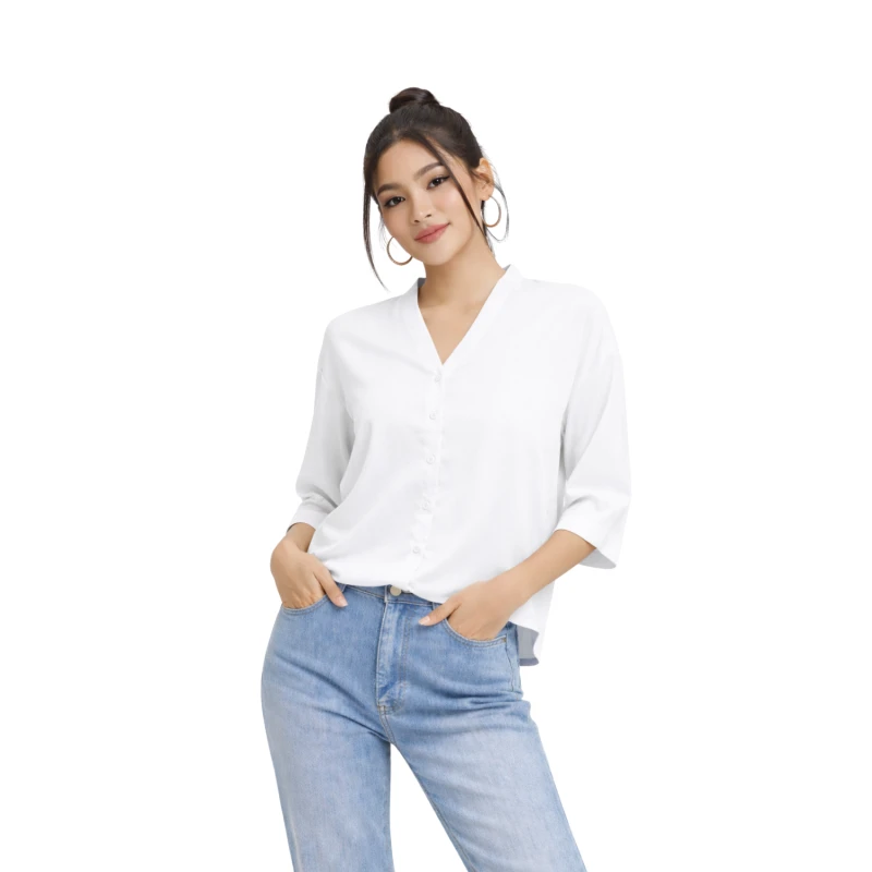 Blouse Wanita V-Neck Lengan Basic Putih