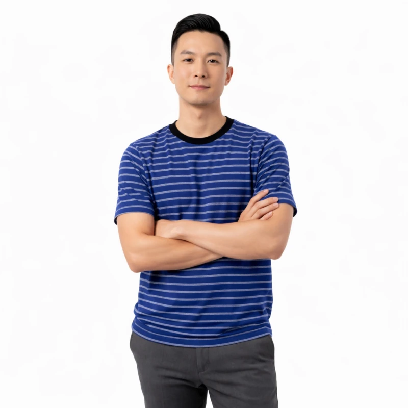 Kaos Pria Salur Biru Lengan Pendek Casual