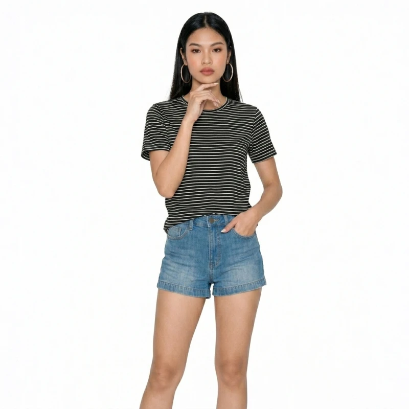 Kaos Wanita Motif Salur Kecil O-Neck