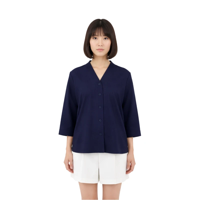 Blouse Wanita V-Neck Lengan Basic Navy