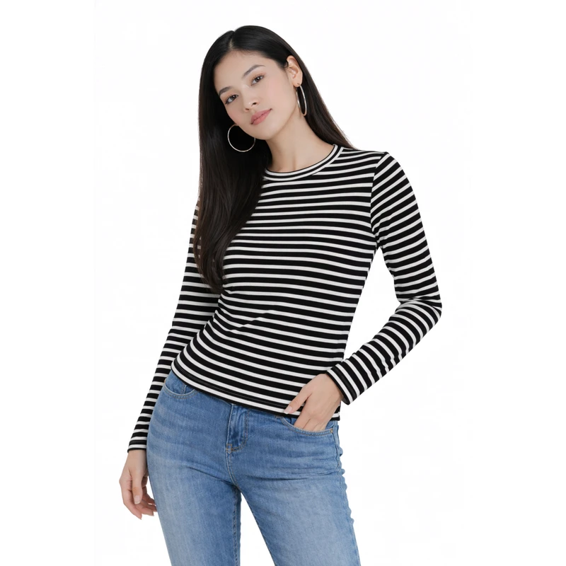Atasan Wanita Lengan Panjang Salur Hitam Sedang Casual Basic