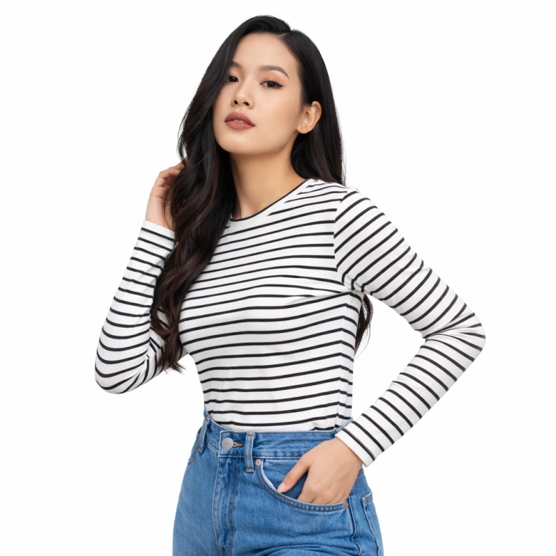 Atasan Wanita Lengan Panjang Salur Putih Besar Casual Basic