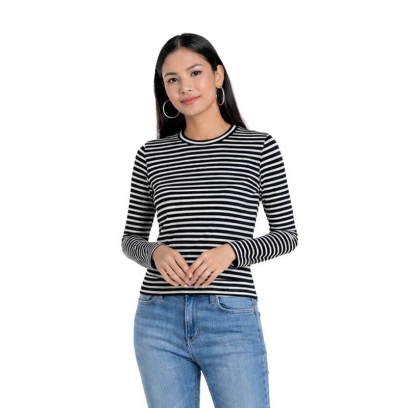 Atasan Wanita Lengan Panjang Salur Hitam Kecil Casual Basic