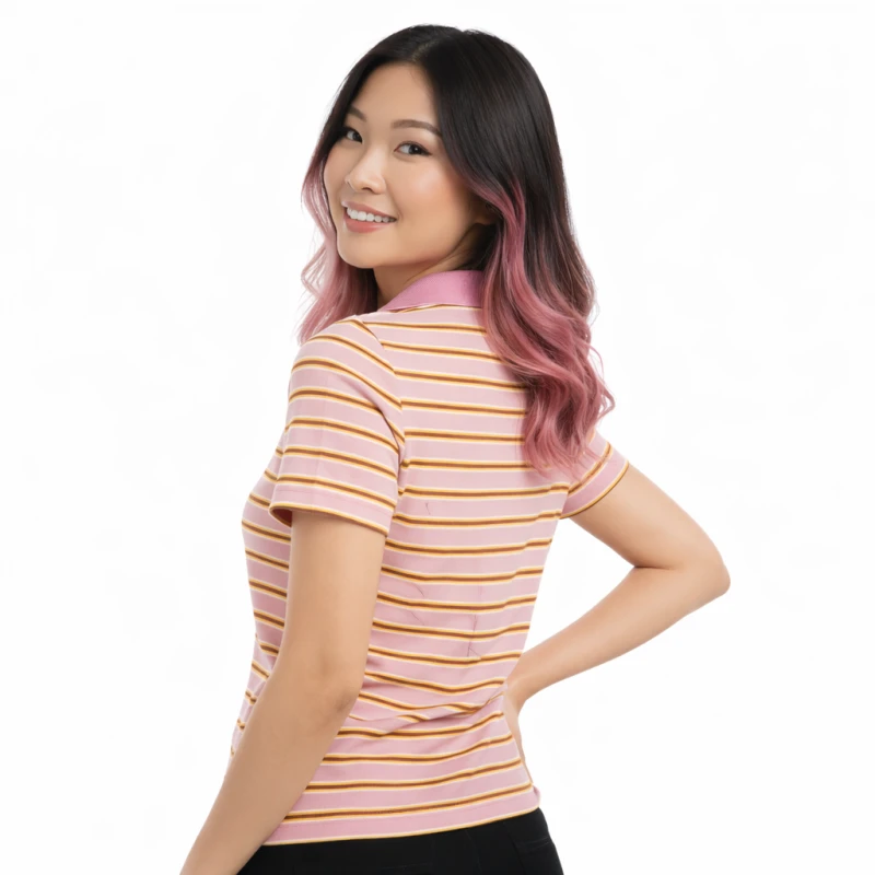 Polo Wanita V-Neck Pink Salur