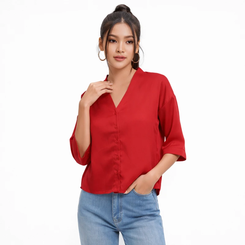 Blouse Wanita V-Neck Lengan Basic Maroon