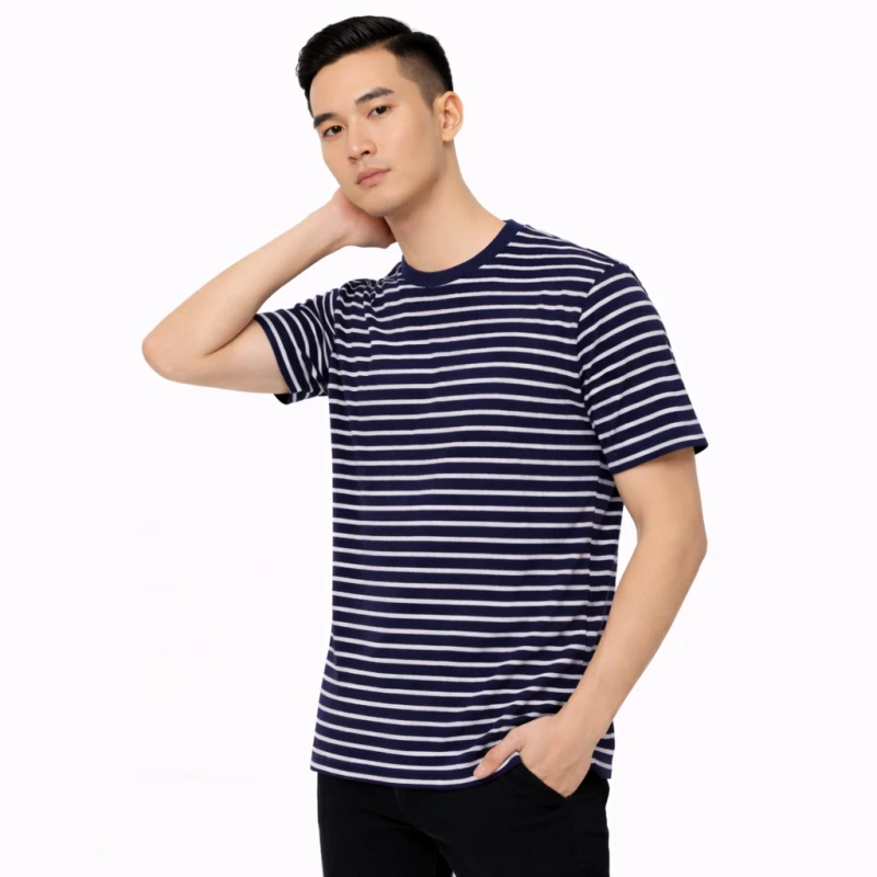 Kaos Pria Salur Navy Lengan Pendek Casual
