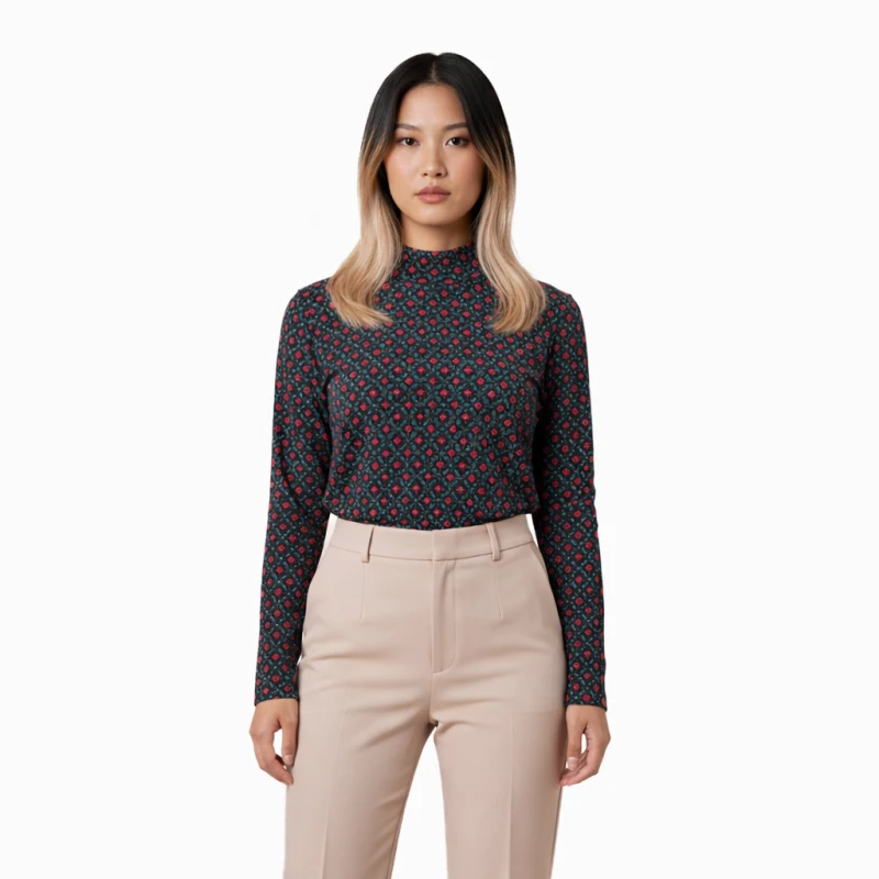 Mockneck Wanita Bunga Merah Elegant Look