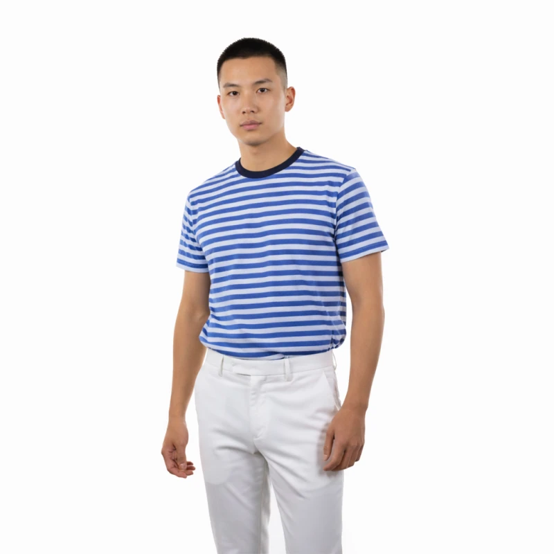 Kaos Pria Salur Biru Putih Casual Basic