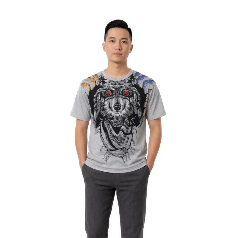 T-Shirt Pria Grey Grafis Animal Casual Street