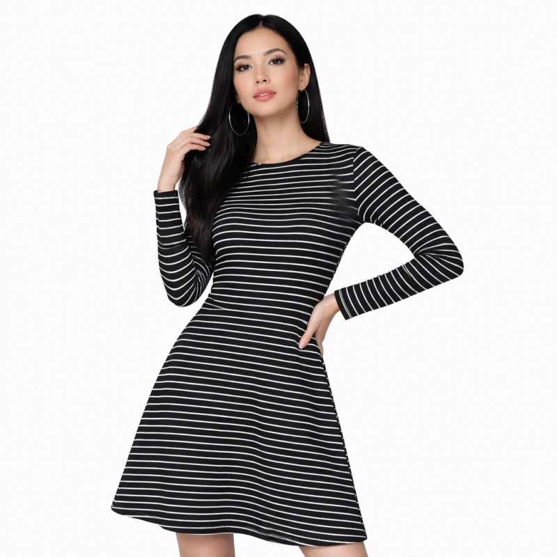 Dress Wanita Salur Hitam Sedang Lengan Panjang Basic