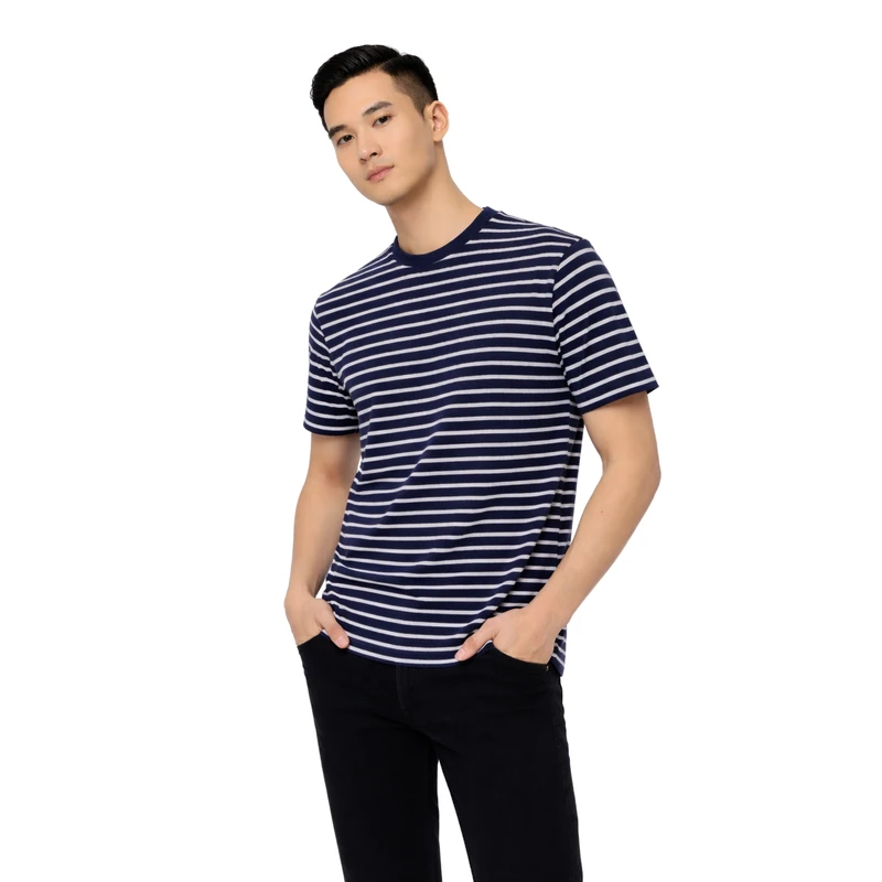 Kaos Pria Salur Navy Lengan Pendek Casual