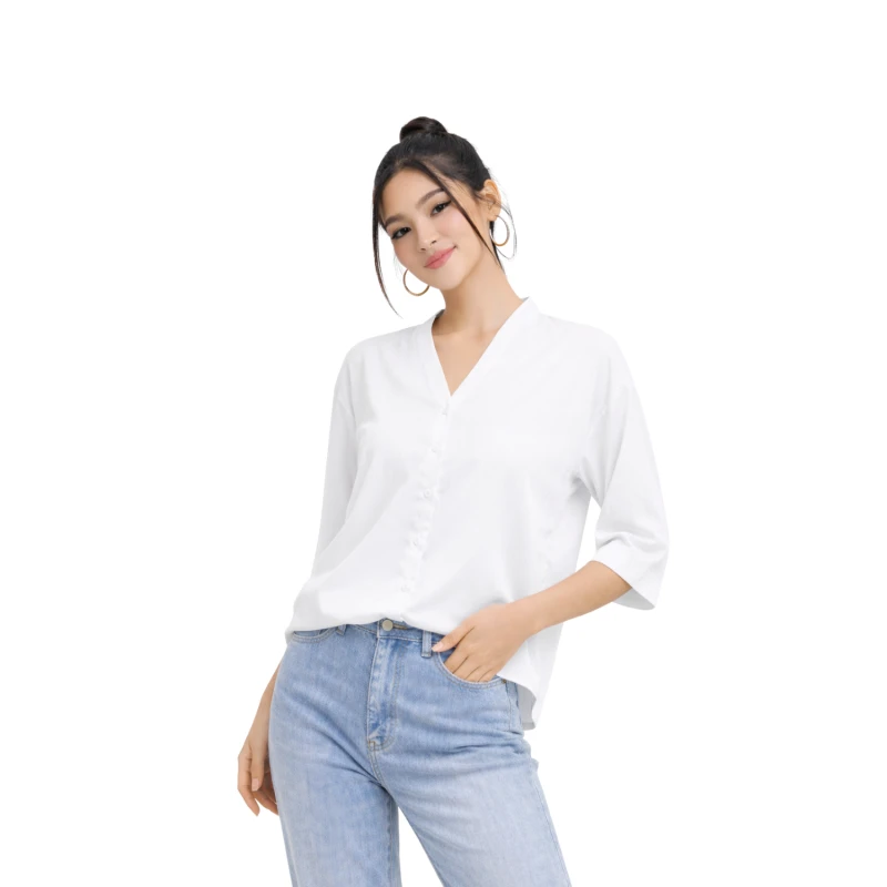 Blouse Wanita V-Neck Lengan Basic Putih