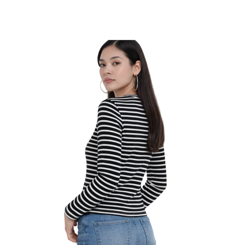 Atasan Wanita Lengan Panjang Salur Hitam Sedang Casual Basic