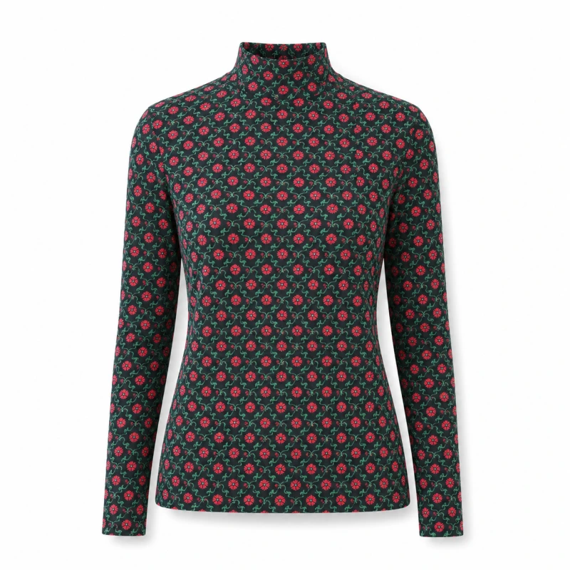 Mockneck Wanita Bunga Merah Elegant Look