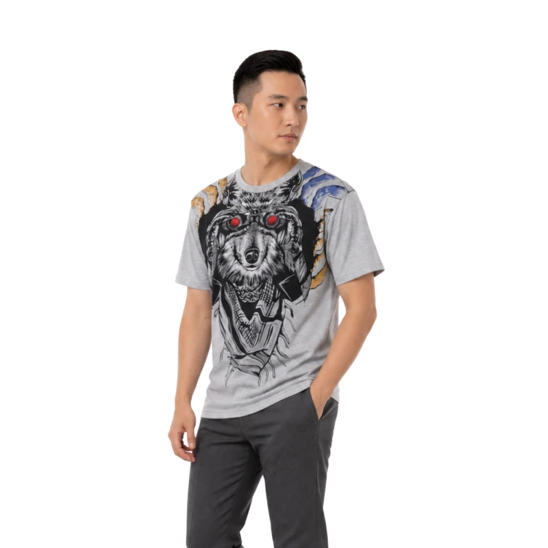 T-Shirt Pria Grey Grafis Animal Casual Street