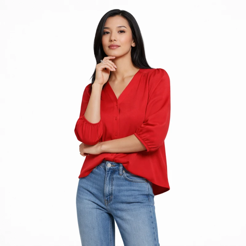 Blouse Wanita V-Neck Lengan Balon Maroon