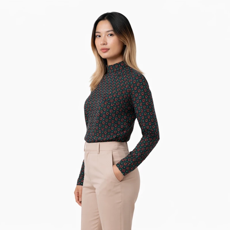 Mockneck Wanita Bunga Merah Elegant Look