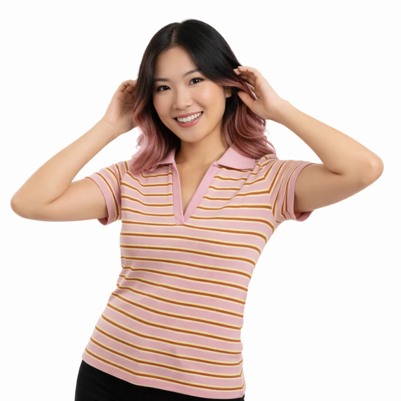 Polo Wanita V-Neck Pink Salur