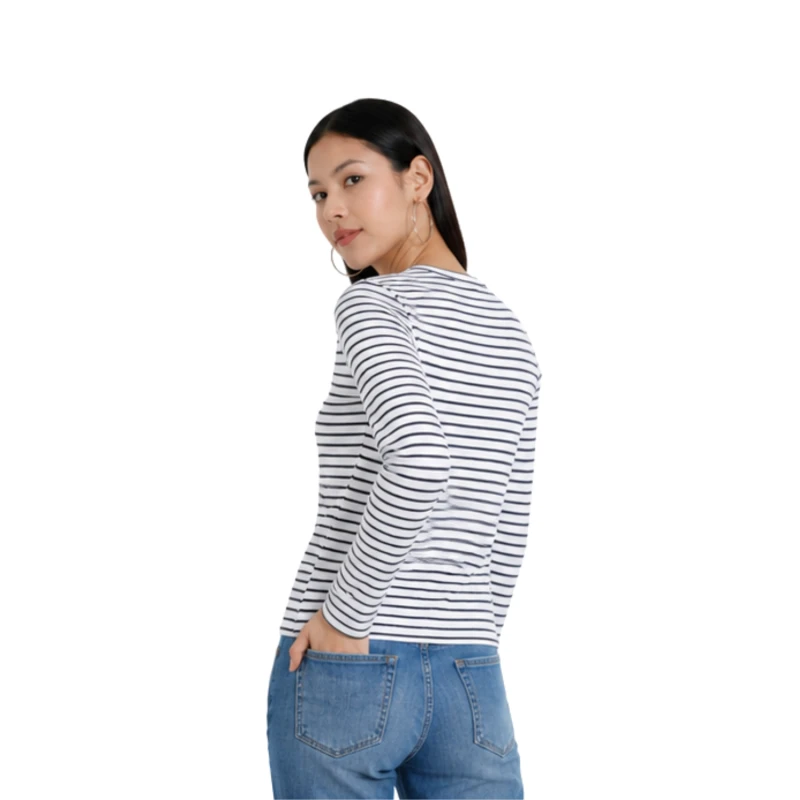 Atasan Wanita Lengan Panjang Salur Putih Kecil Casual Basic