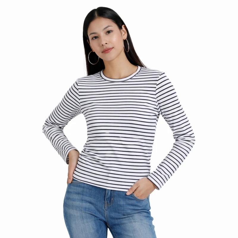Atasan Wanita Lengan Panjang Salur Putih Kecil Casual Basic