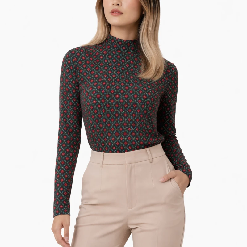 Mockneck Wanita Bunga Merah Elegant Look