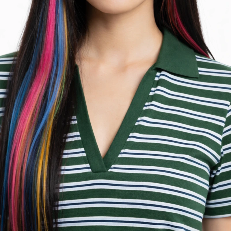 Polo Wanita V-Neck Hijau Salur