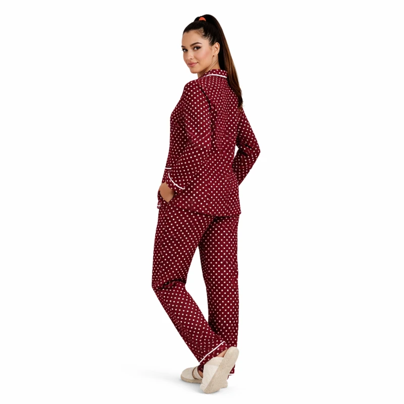Piyama Lengan Panjang Maroon Motif Polkadot