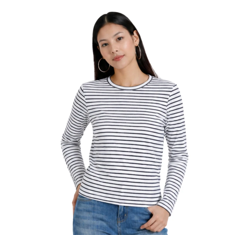 Atasan Wanita Lengan Panjang Salur Putih Kecil Casual Basic