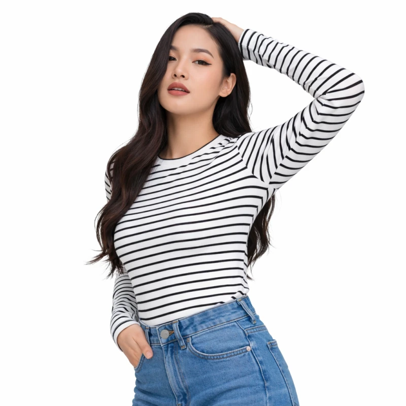 Atasan Wanita Lengan Panjang Salur Putih Besar Casual Basic