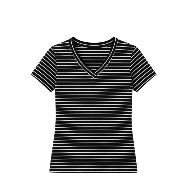Kaos Wanita V-Neck Salur Hitam Casual Basic