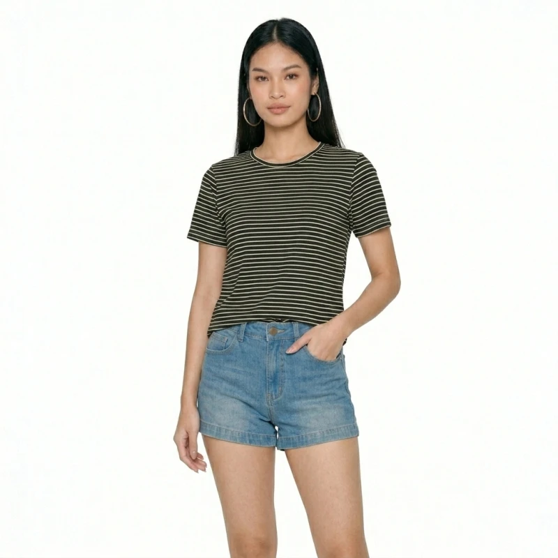 Kaos Wanita Motif Salur Kecil O-Neck